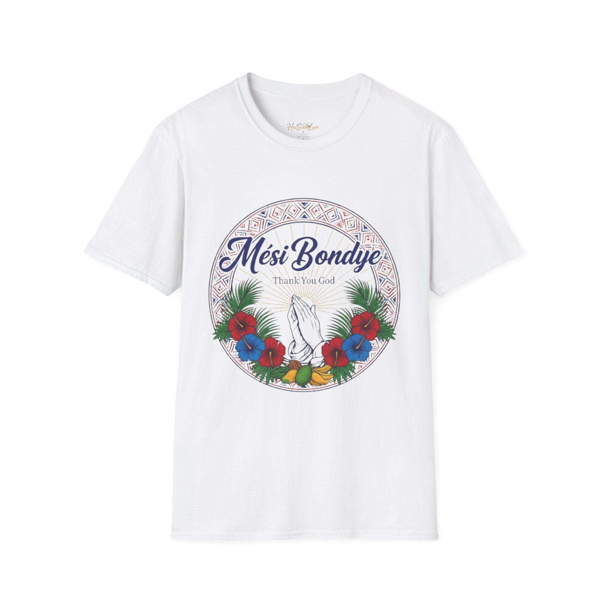 Mèsi Bondye Prayer T-Shirt — Haitian Creole "Thank You God" Floral Tee