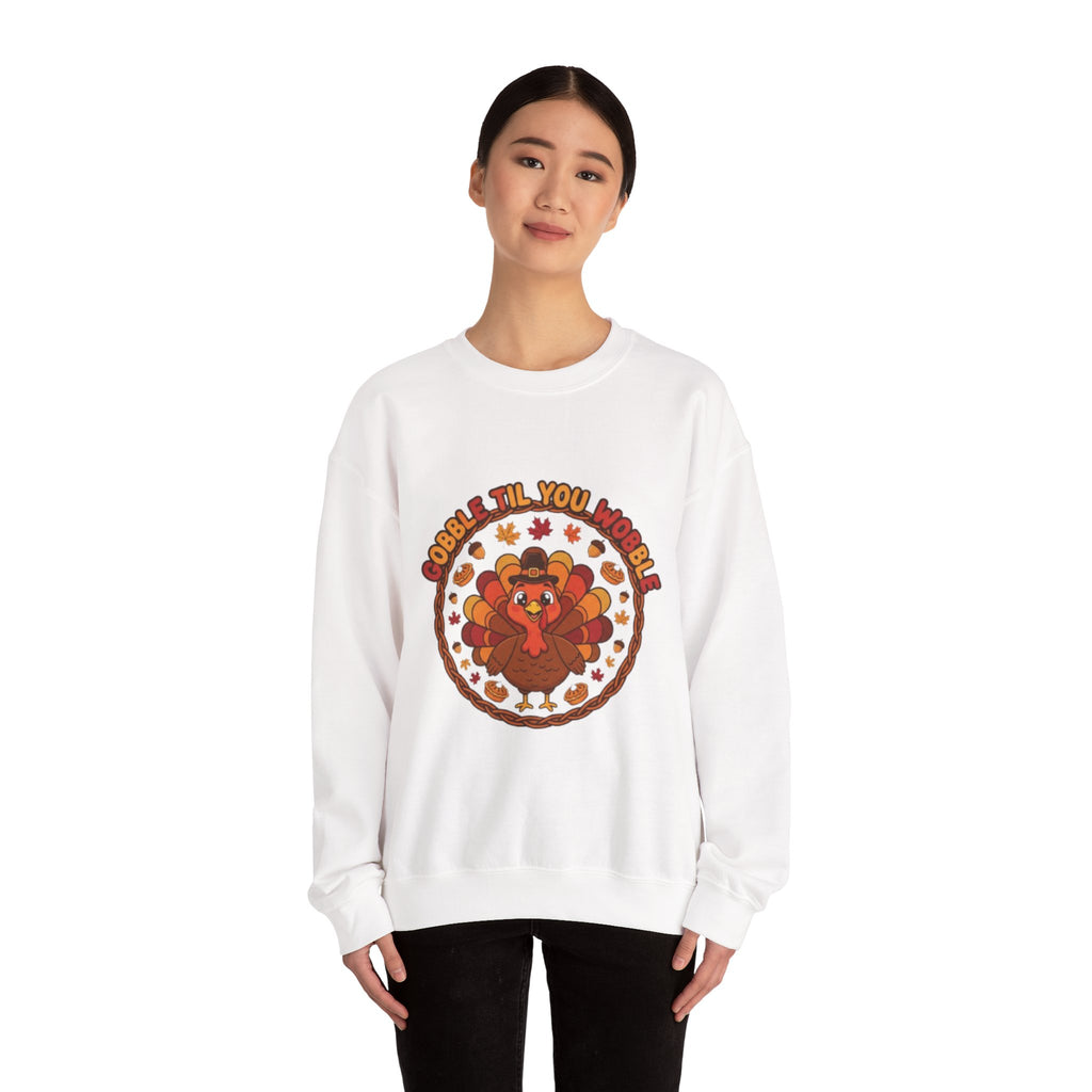 Thanksgiving Sweatshirt — "Gobble ’Til You Wobble" Cute Retro Turkey Crewneck