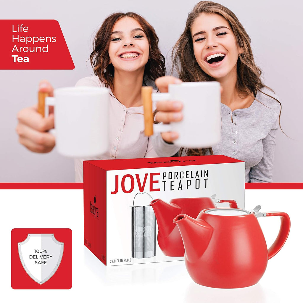 - Jove Porcelain Large Teapot Red - 34.0-Ounce (3-4 Cups) - Japanese Made - Stainless Steel Lid and Extra-Fine Infuser to Brew Loose Leaf Tea - 1000Ml