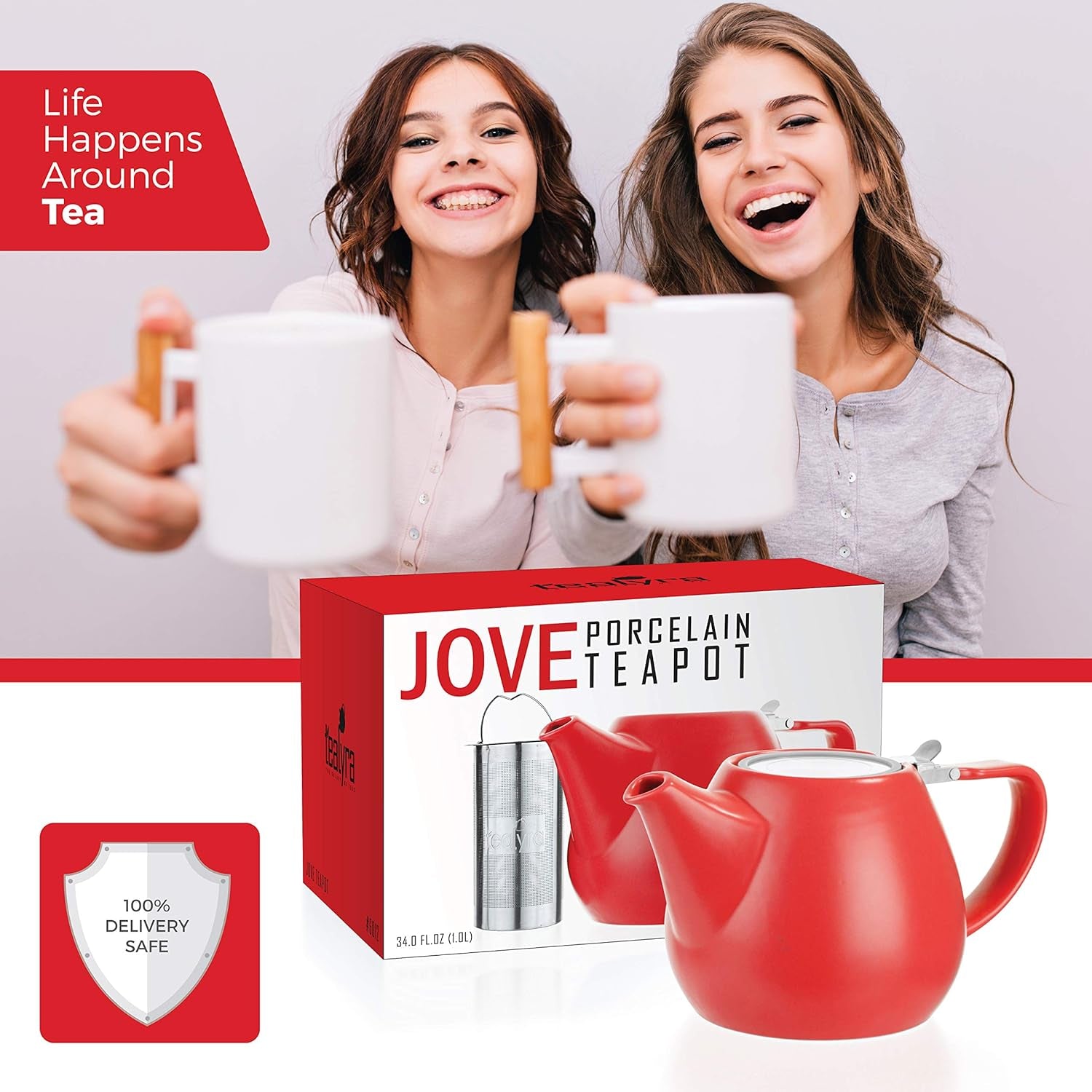 - Jove Porcelain Large Teapot Red - 34.0-Ounce (3-4 Cups) - Japanese Made - Stainless Steel Lid and Extra-Fine Infuser to Brew Loose Leaf Tea - 1000Ml