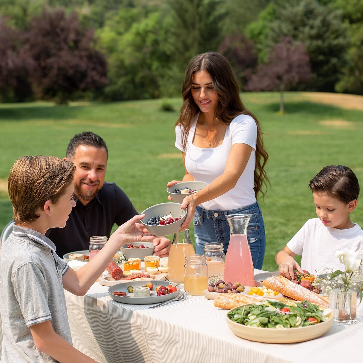 Premium Wheat Straw Plates and Bowls Sets - 8-Piece Wheat Straw Dinnerware Sets - Unbreakable & Reusable Microwave Safe Plastic Dinner Plates for Outdoors, RV, Camping Dishes - Feather