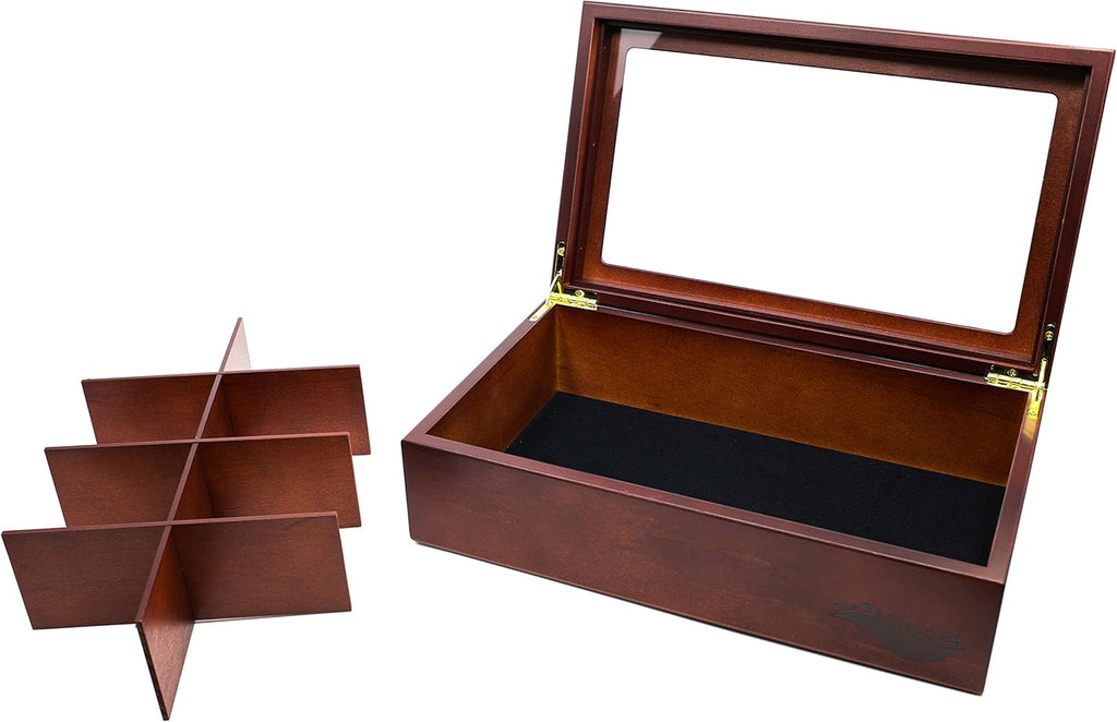 Wooden Tea Box Storage Chest, 8 Compartments W/Glass Window (Cherrywood)