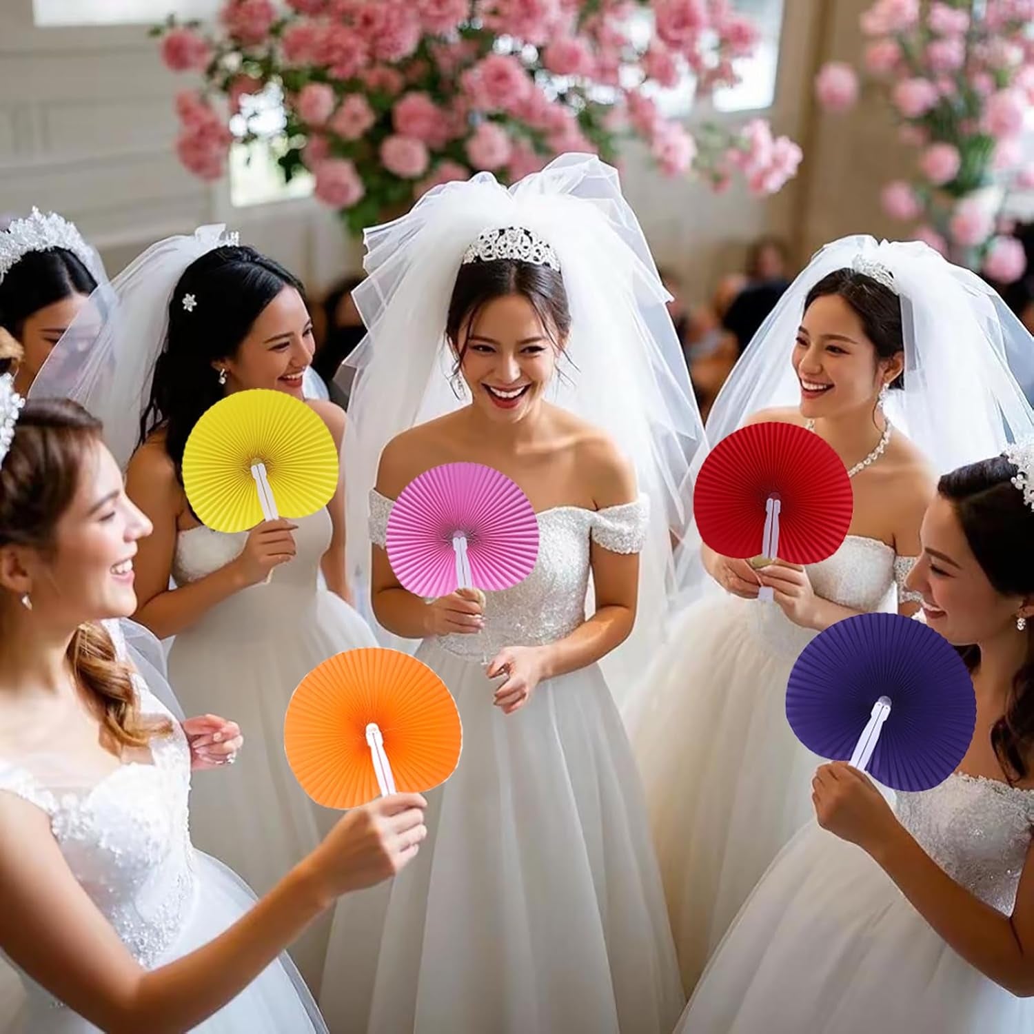 24 Pieces Decorative Paper Folding Hand Fans Handheld,Multicolor round Wedding Foldable Fans Chinese and Japanese Fans Bulk for Bridal Guest Church Party Favors Dancing Birthday DIY