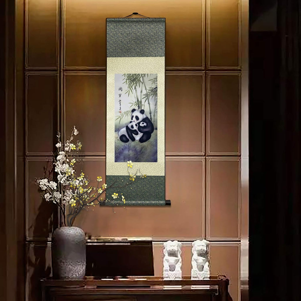 Asian Wall Decor Beautiful Silk Scroll Painting Chinese Panda National Treasure Oriental Decor Chinese Art Wall Scroll Wall Hanging Painting Scroll (36.2 X 12 In)