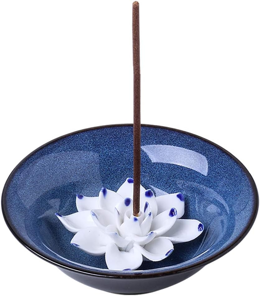 Incense Holder Ceramic Incense Burner Lotus Incense Holder for Sticks Handicraft Incense Stick Holder 4.62 Inch Dark Blue