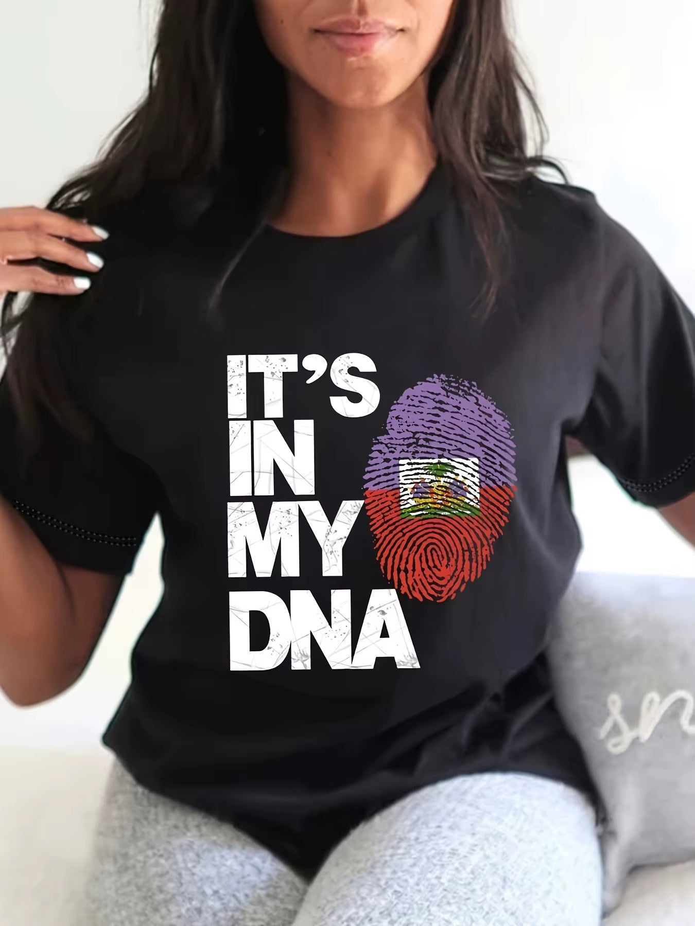 IT'S in MY DNA Print Haitian Flag Crew Neck T-Shirt, Casual Short Sleeve T-Shirt for Summer, Women'S Clothing