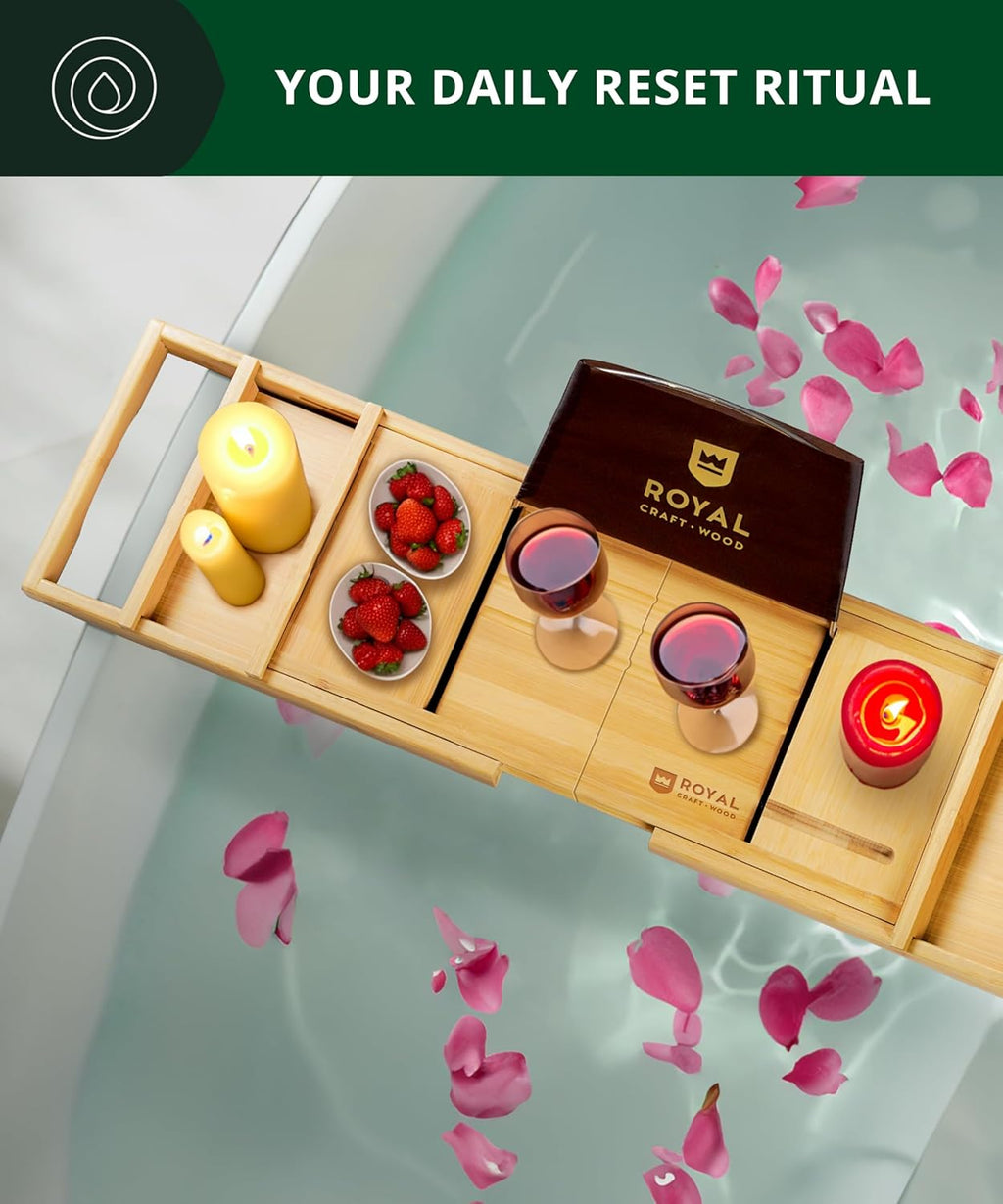 Bathtub Tray Caddy for Tub, Bamboo Bath Shelf, Premium Foldable Wood Bath Table, Expandable Bathtub & Bathroom Accessories, New Home Gifts for Mom, Housewarming, Anniversary, Wedding