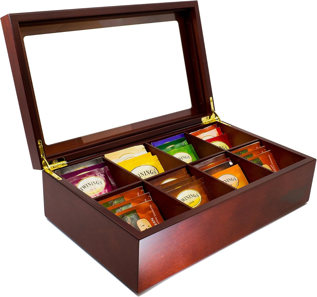 Wooden Tea Box Storage Chest, 8 Compartments W/Glass Window (Cherrywood)