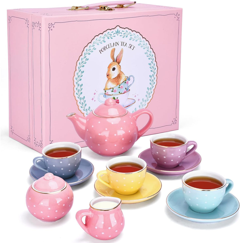 13 Pieces Porcelain Tea Set for Little Girls with Pastel Picnic Basket - Mini Toddler Tea Sets for Girls 2 and up - Real Cups, Teapot, and Saucers - Children Playset - Polka Dots Design
