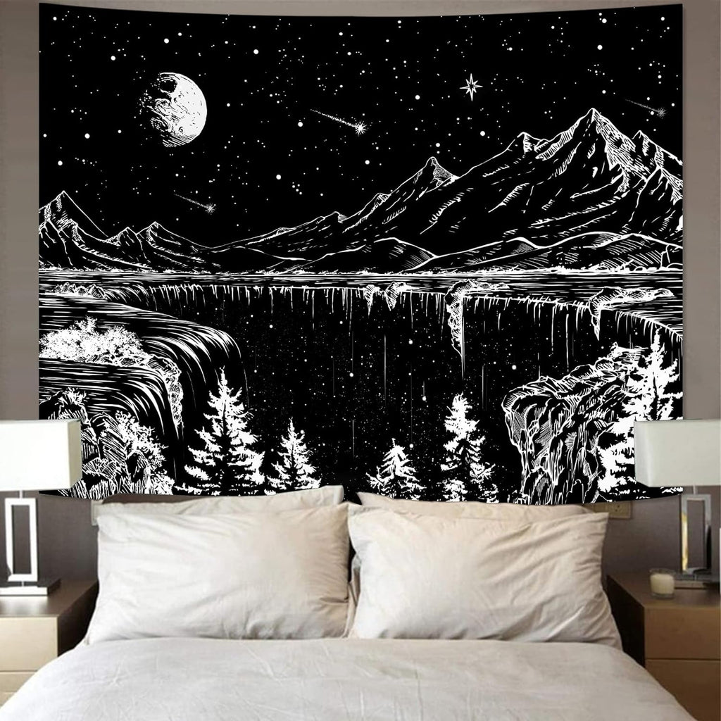 Black and White Tapestry Starry Night Mountain Tapestries for Bedroom Aesthetic Moon and Stars Tapastry'S Wall Hanging Dark Nature Forest Wall Tapestry for Living Room Dorm (48'' × 36'')