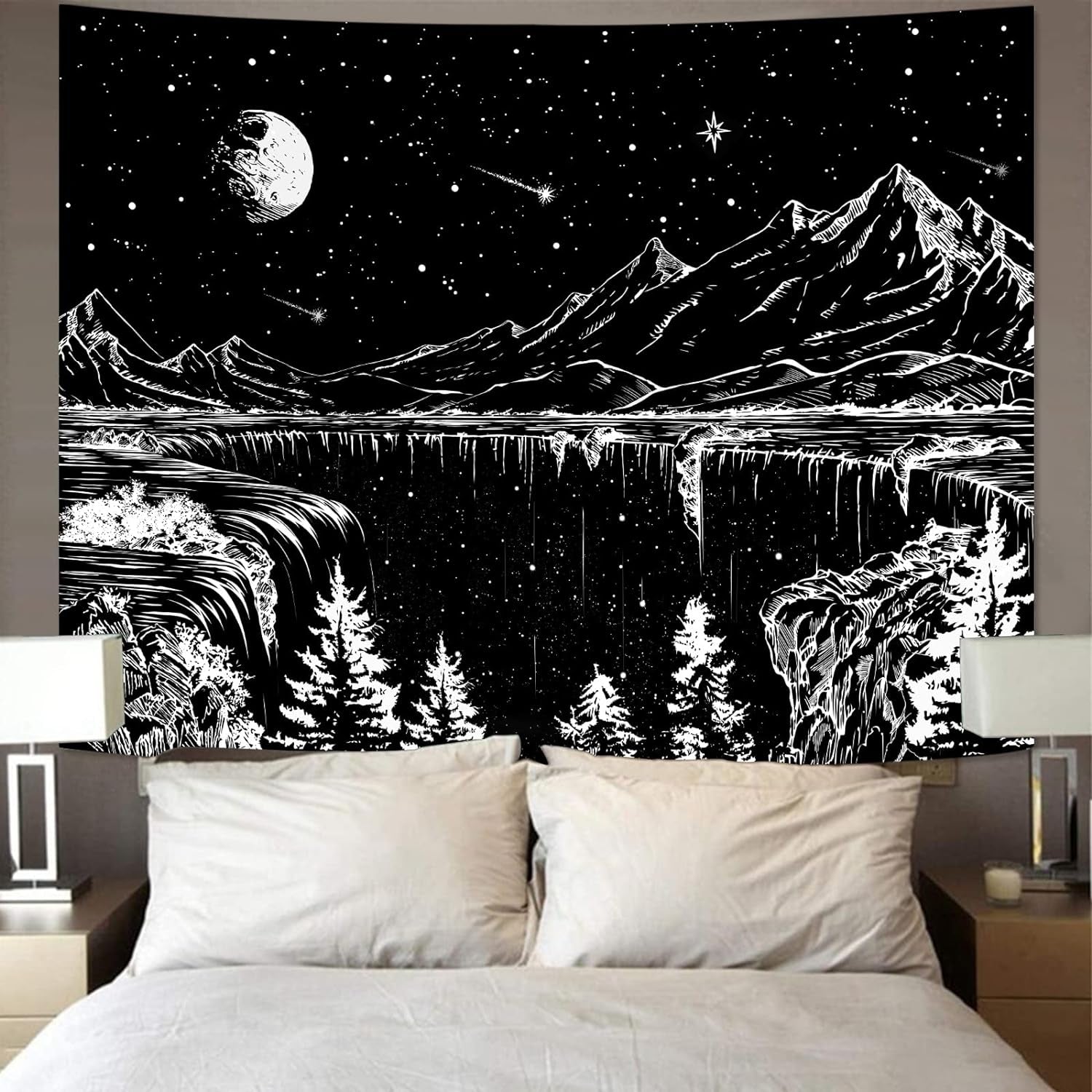 Black and White Tapestry Starry Night Mountain Tapestries for Bedroom Aesthetic Moon and Stars Tapastry'S Wall Hanging Dark Nature Forest Wall Tapestry for Living Room Dorm (48'' × 36'')