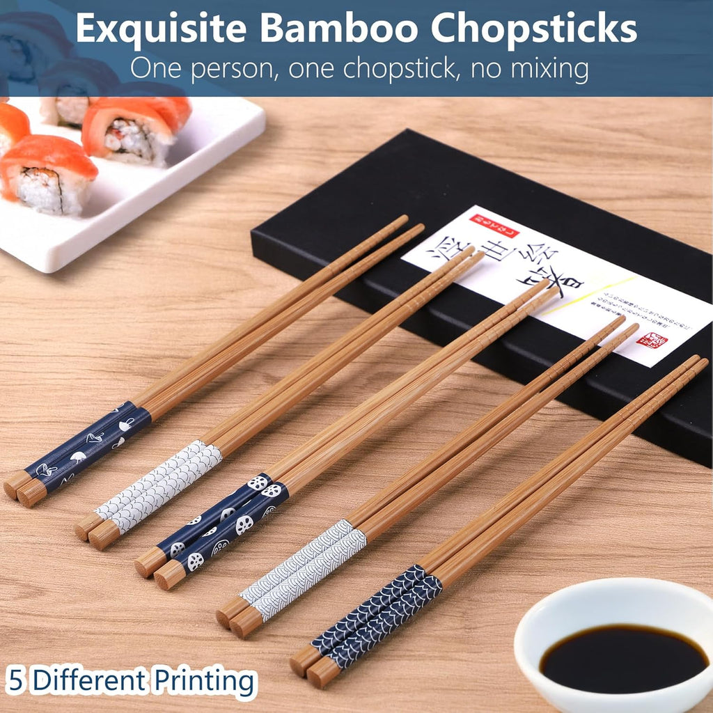 5 Pairs Bamboo Chopsticks Reusable Chop Sticks Japanese Style Bamboo Chopstick with Black Box Lightweight 8.8 Inch/22.5Cm Non-Slip Chopsticks Gift Set