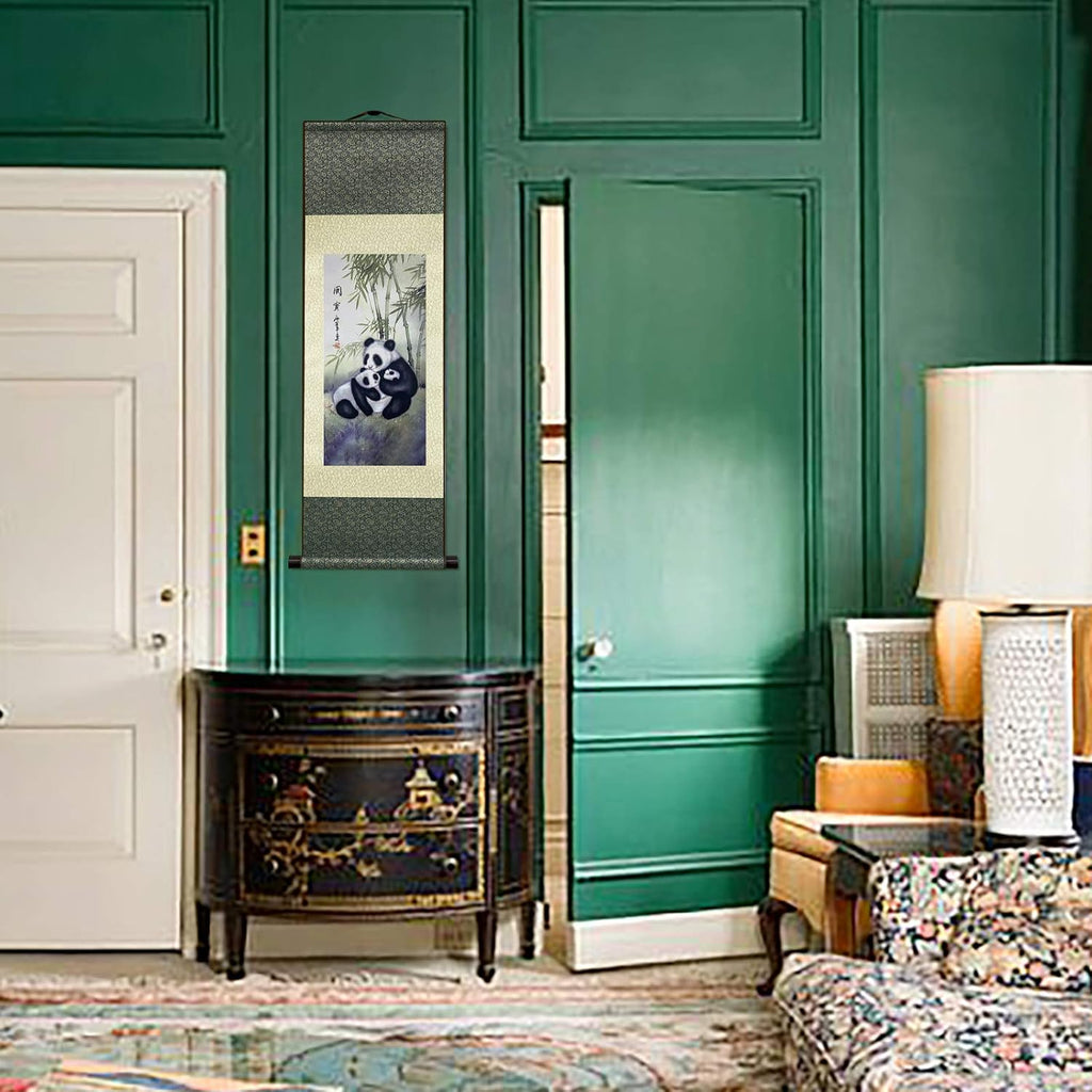 Asian Wall Decor Beautiful Silk Scroll Painting Chinese Panda National Treasure Oriental Decor Chinese Art Wall Scroll Wall Hanging Painting Scroll (36.2 X 12 In)