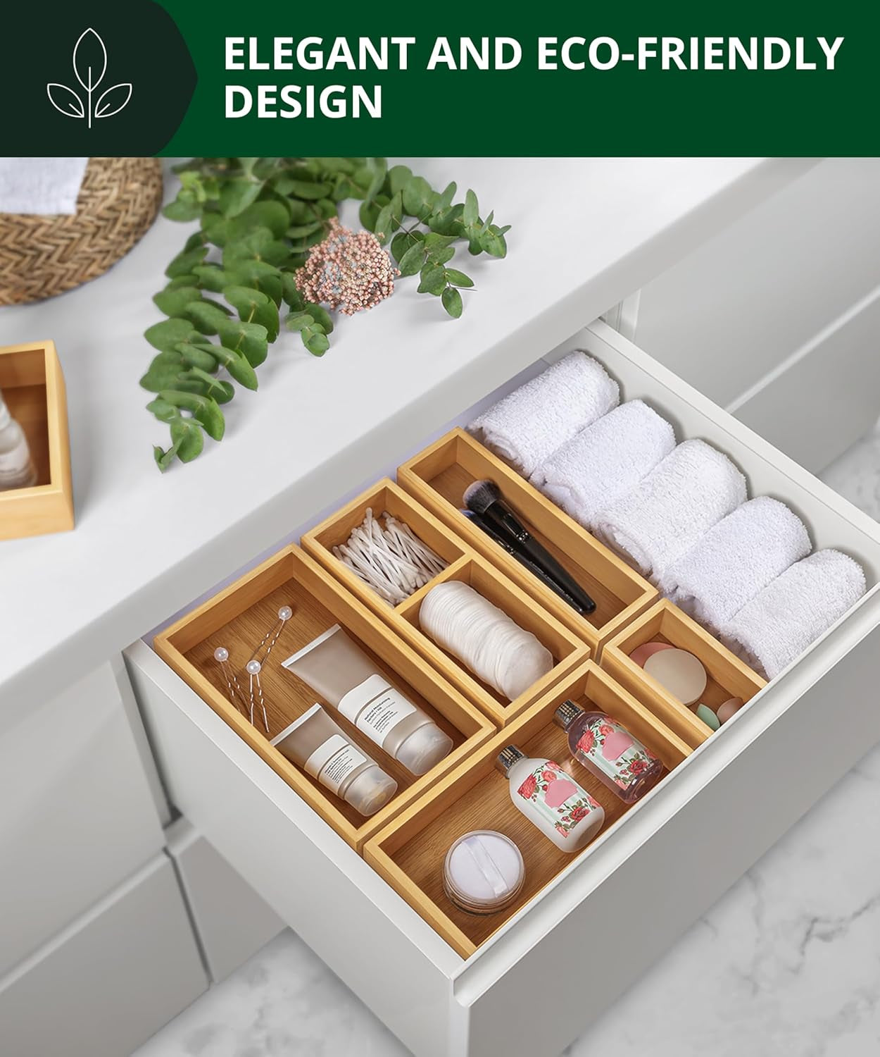 5-Piece Bamboo Drawer Organizer Set – Multi-Use Storage Trays for Kitchen, Bathroom, Office, Makeup, Jewelry & More – Junk Drawer Tray, Utensil Holder, Storage Box & Bin Set (5 Boxes)