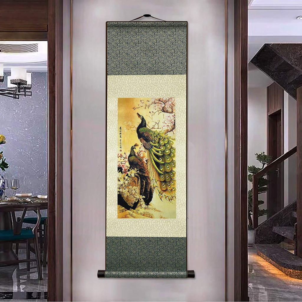 Asian Wall Decor Beautiful Silk Scroll Painting Birds - Peacock - Cuiyu Pixia Oriental Decor Chinese Art Wall Scroll Wall Hanging Painting Scroll (36.2 X 12 In)