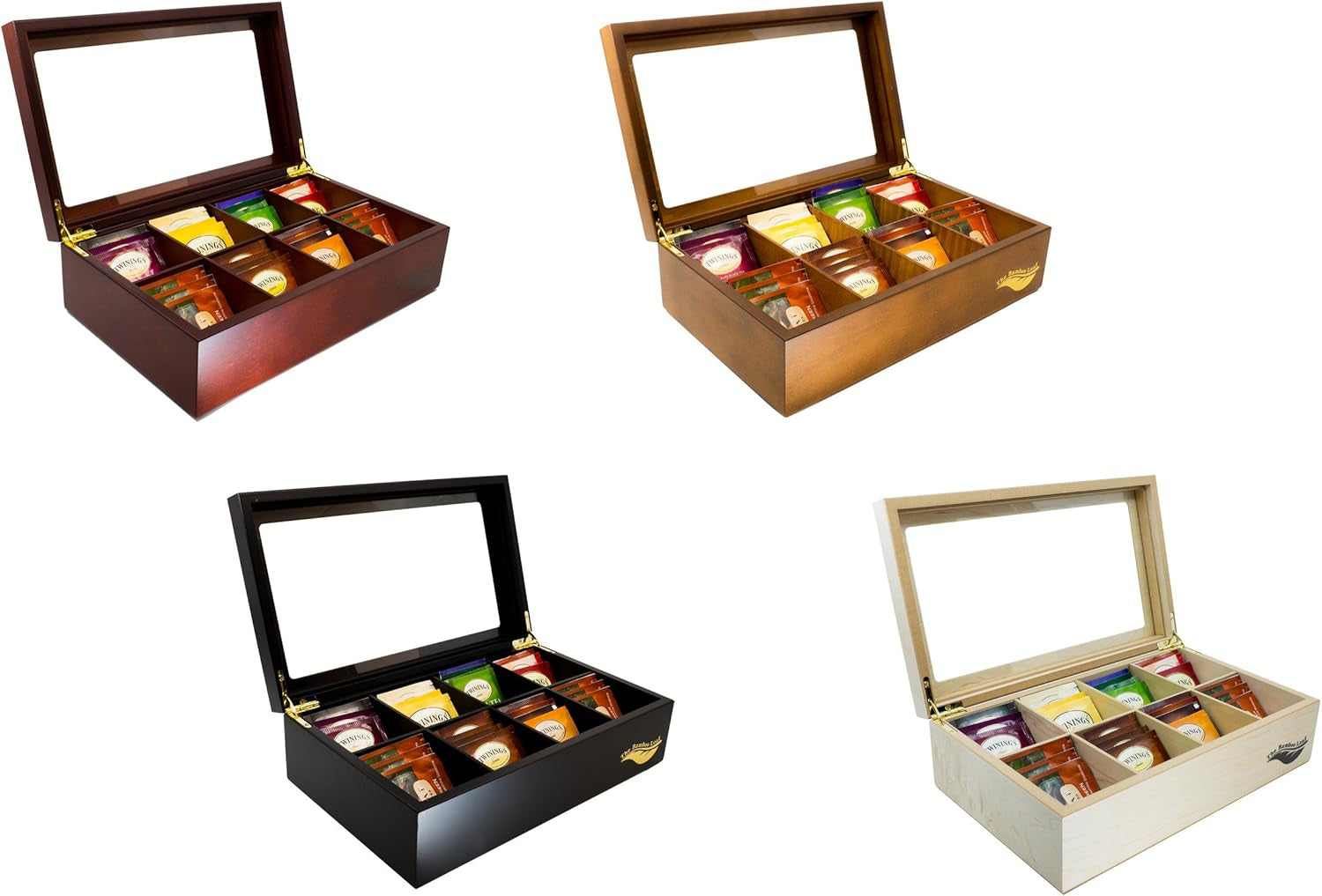 Wooden Tea Box Storage Chest, 8 Compartments W/Glass Window (Cherrywood)