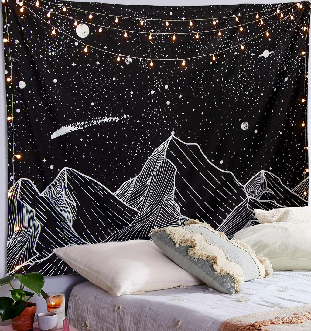 Black and White Tapestry Starry Night Mountain Tapestries for Bedroom Aesthetic Moon and Stars Tapastry'S Wall Hanging Dark Nature Forest Wall Tapestry for Living Room Dorm (Dark, 80'' × 60'')
