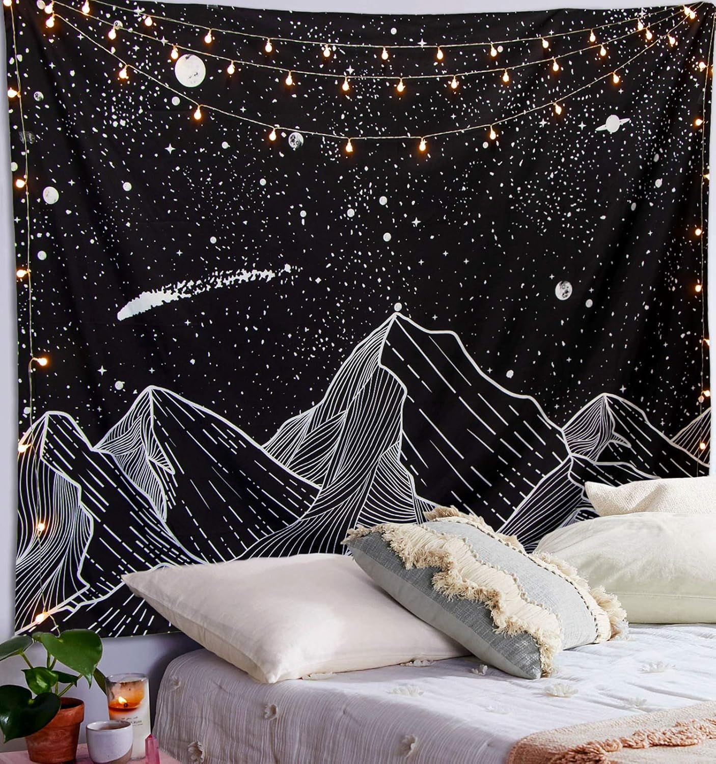 Black and White Tapestry Starry Night Mountain Tapestries for Bedroom Aesthetic Moon and Stars Tapastry'S Wall Hanging Dark Nature Forest Wall Tapestry for Living Room Dorm (Dark, 80'' × 60'')
