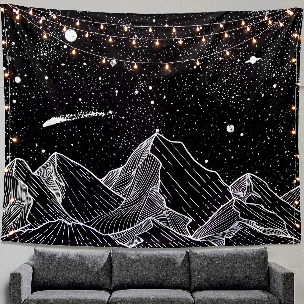 Black and White Tapestry Starry Night Mountain Tapestries for Bedroom Aesthetic Moon and Stars Tapastry'S Wall Hanging Dark Nature Forest Wall Tapestry for Living Room Dorm (Dark, 80'' × 60'')