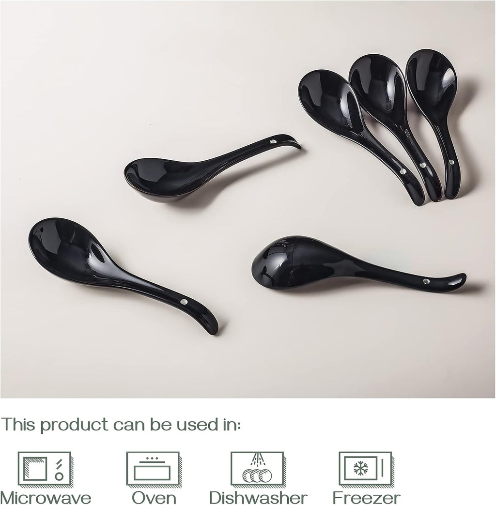 Soup Spoons, Ceramic Chinese, Asian Soup Spoons, White Japanese Spoon Large for Ramen Pho Wonton Dumpling Miso, Deep Oval Hook Design, Set of 6 (6, Black)