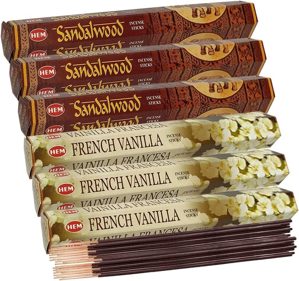 Sandalwood Incense Sticks and French Vanilla Incense Sticks with Incense Holder Bundle for Home Fragrance and Spiritual Décor