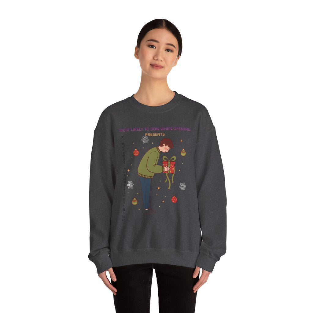 Holiday Bowing Gift Sweatshirt — “Most Likely to Bow When Opening Presents” Crewneck