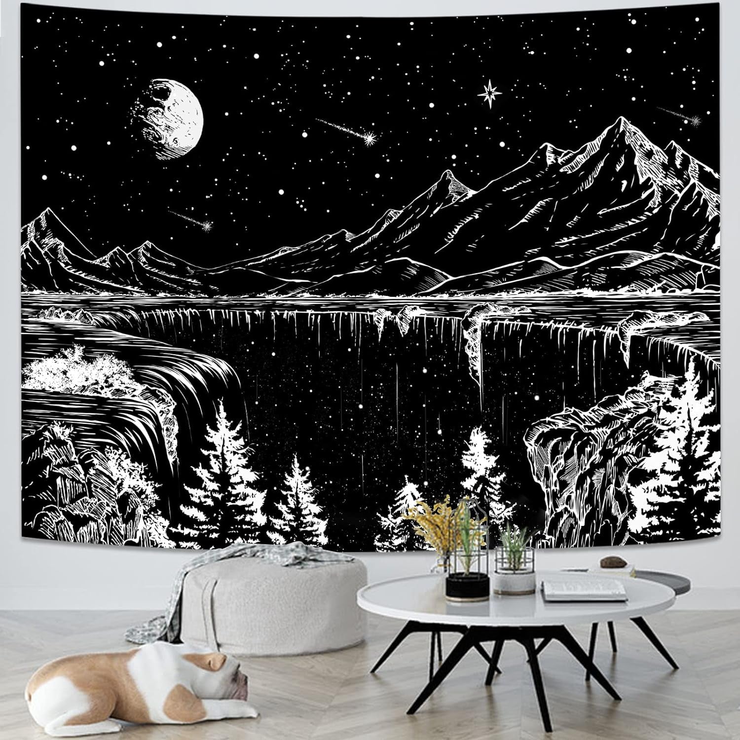 Black and White Tapestry Starry Night Mountain Tapestries for Bedroom Aesthetic Moon and Stars Tapastry'S Wall Hanging Dark Nature Forest Wall Tapestry for Living Room Dorm (48'' × 36'')
