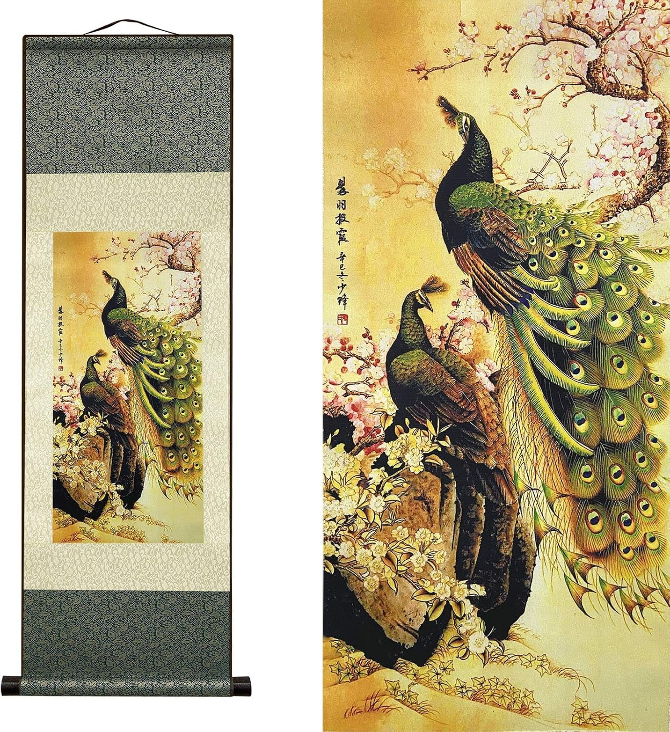 Asian Wall Decor Beautiful Silk Scroll Painting Birds - Peacock - Cuiyu Pixia Oriental Decor Chinese Art Wall Scroll Wall Hanging Painting Scroll (36.2 X 12 In)