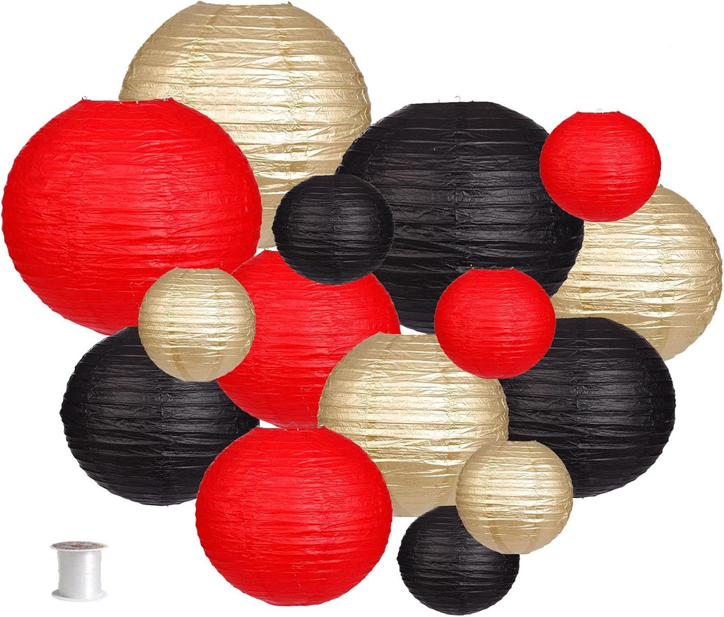 Paper Lanterns Decorative, round Hanging Paper Lanterns Decorations for Wedding Graduation Anniversary Birthday Party Supplies Black/Gold/Red 15Pcs