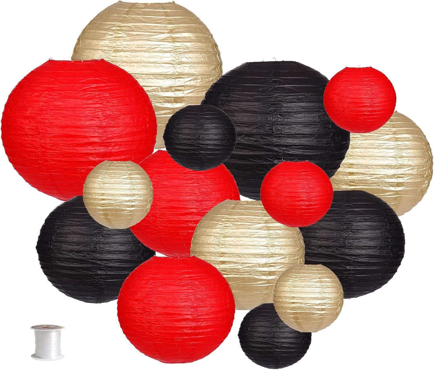 Paper Lanterns Decorative, round Hanging Paper Lanterns Decorations for Wedding Graduation Anniversary Birthday Party Supplies Black/Gold/Red 15Pcs
