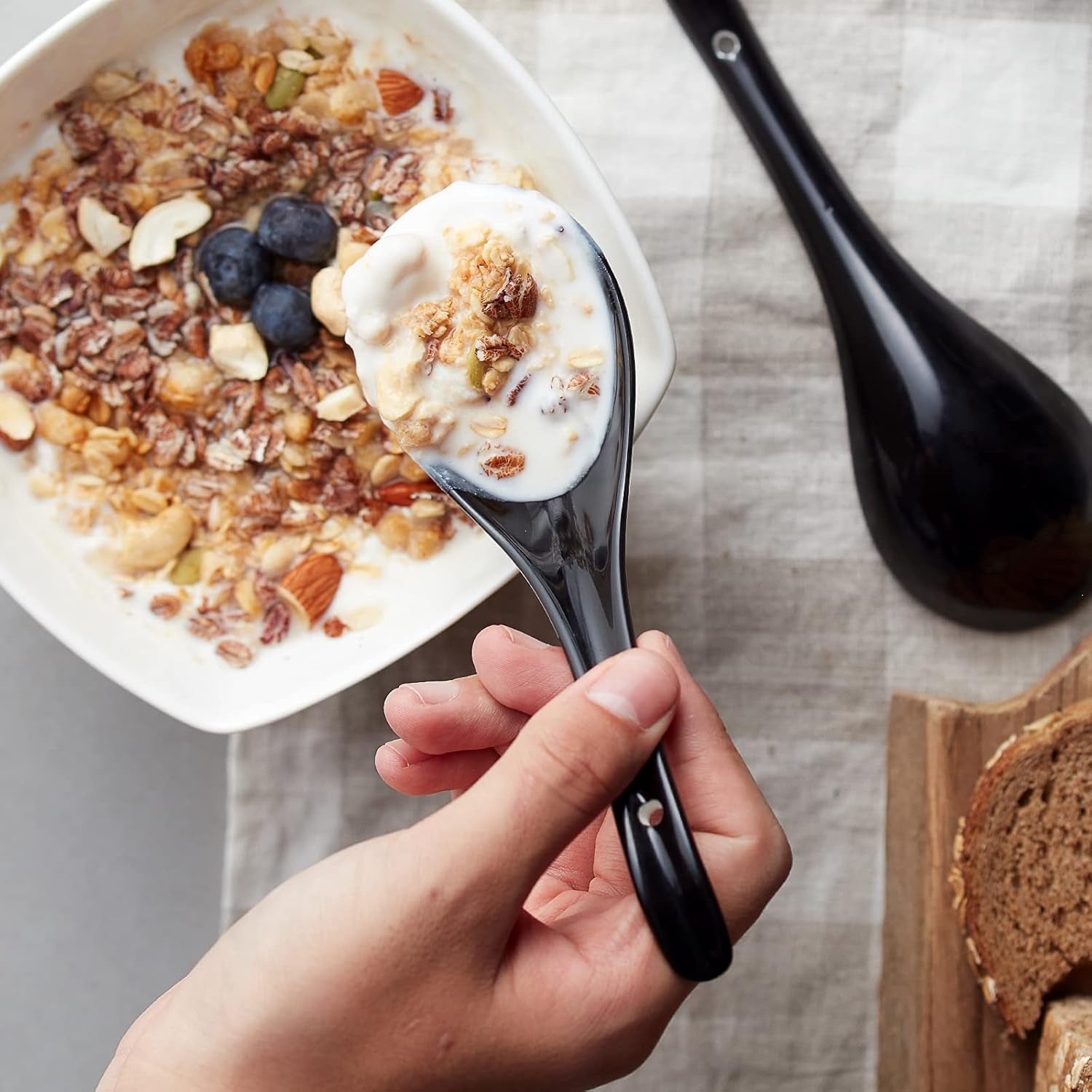 Soup Spoons, Ceramic Chinese, Asian Soup Spoons, White Japanese Spoon Large for Ramen Pho Wonton Dumpling Miso, Deep Oval Hook Design, Set of 6 (6, Black)