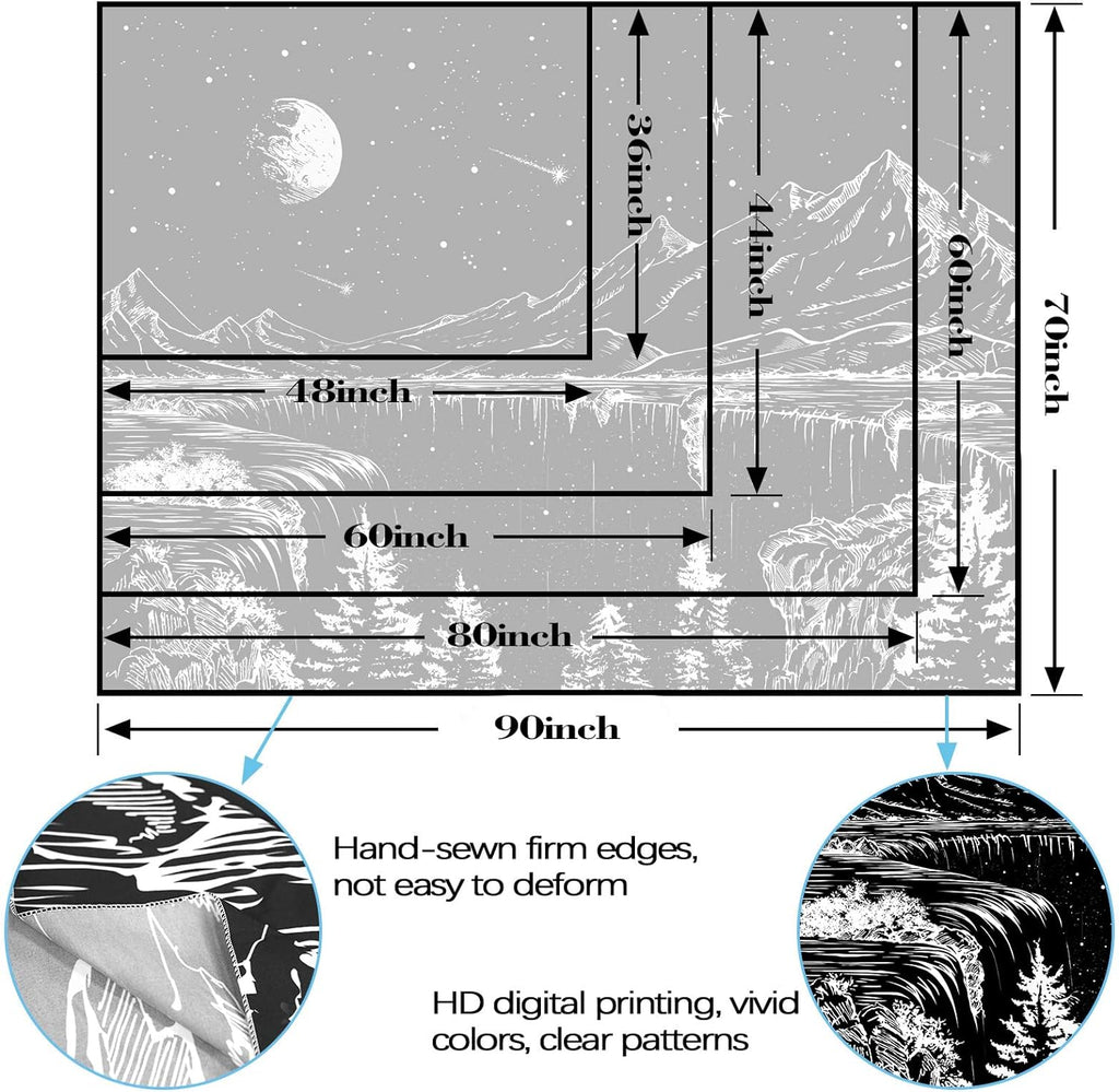 Black and White Tapestry Starry Night Mountain Tapestries for Bedroom Aesthetic Moon and Stars Tapastry'S Wall Hanging Dark Nature Forest Wall Tapestry for Living Room Dorm (48'' × 36'')