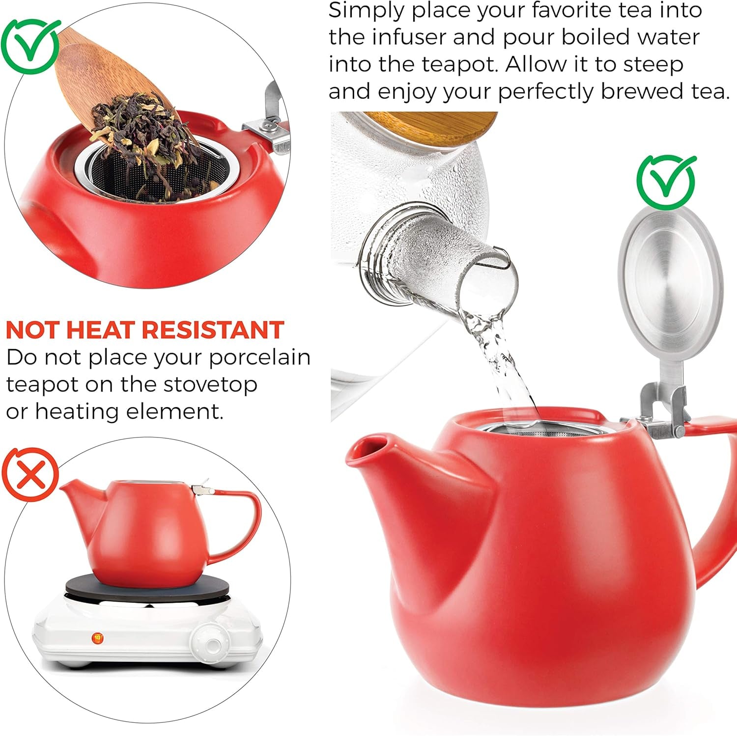 - Jove Porcelain Large Teapot Red - 34.0-Ounce (3-4 Cups) - Japanese Made - Stainless Steel Lid and Extra-Fine Infuser to Brew Loose Leaf Tea - 1000Ml