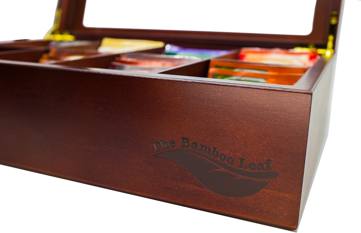 Wooden Tea Box Storage Chest, 8 Compartments W/Glass Window (Cherrywood)