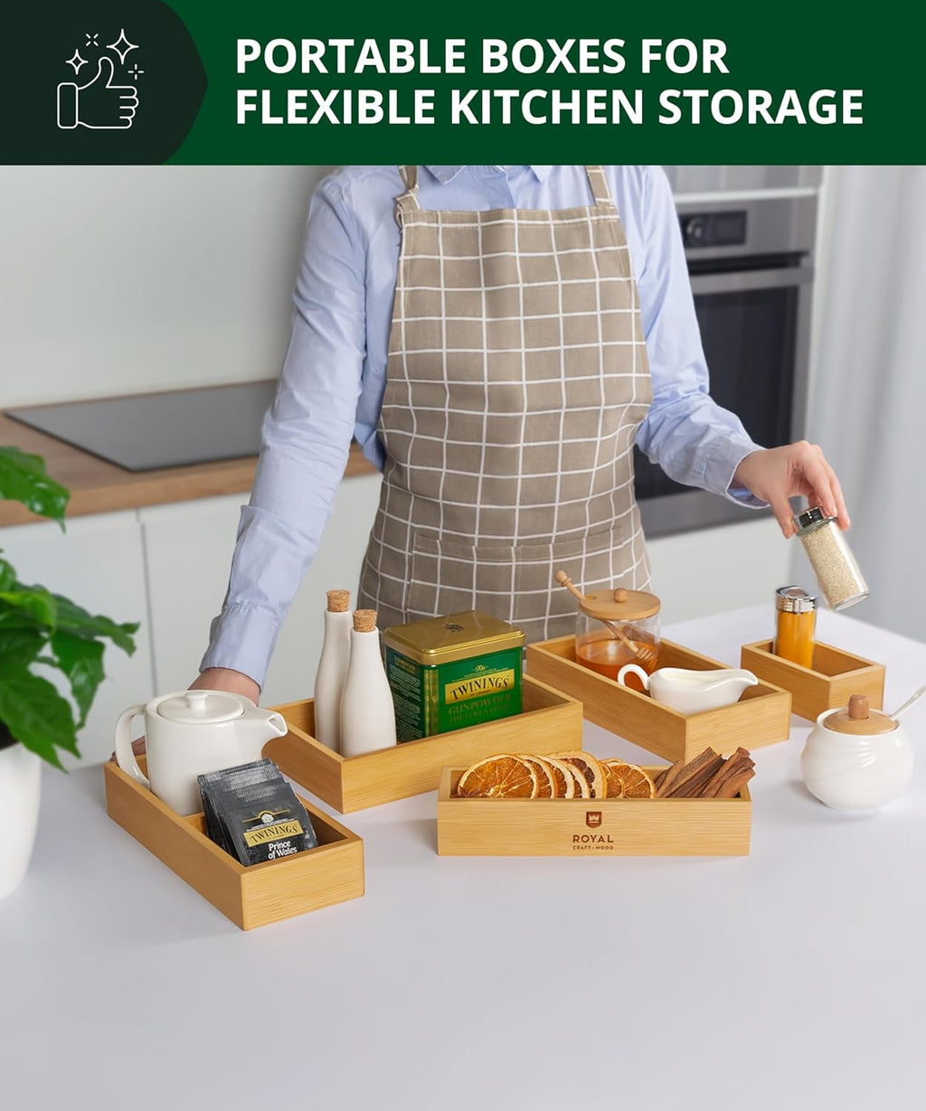 5-Piece Bamboo Drawer Organizer Set – Multi-Use Storage Trays for Kitchen, Bathroom, Office, Makeup, Jewelry & More – Junk Drawer Tray, Utensil Holder, Storage Box & Bin Set (5 Boxes)