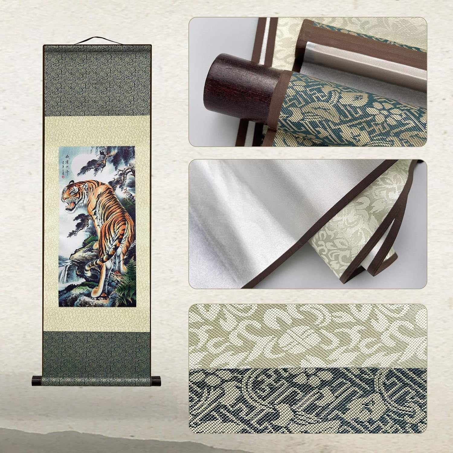 Asian Wall Decor Beautiful Silk Scroll Painting Deterrence Tiger Oriental Decor Chinese Art Wall Scroll Wall Hanging Painting Scroll (36.2 X 12 In)