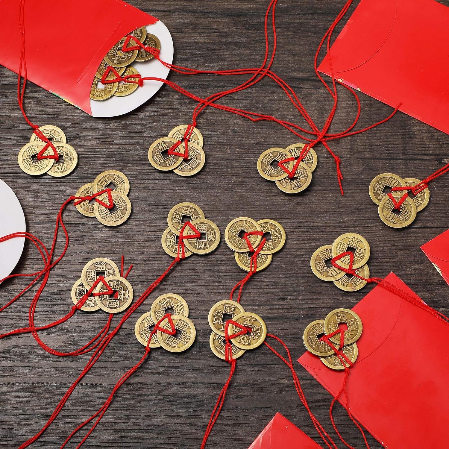 Chinese Fortune Coins Feng Shui I Ching Good Luck Coins Traditional Brass New Year Favor with Red String for Wealth and Success, 5 Styles (15 Pieces)