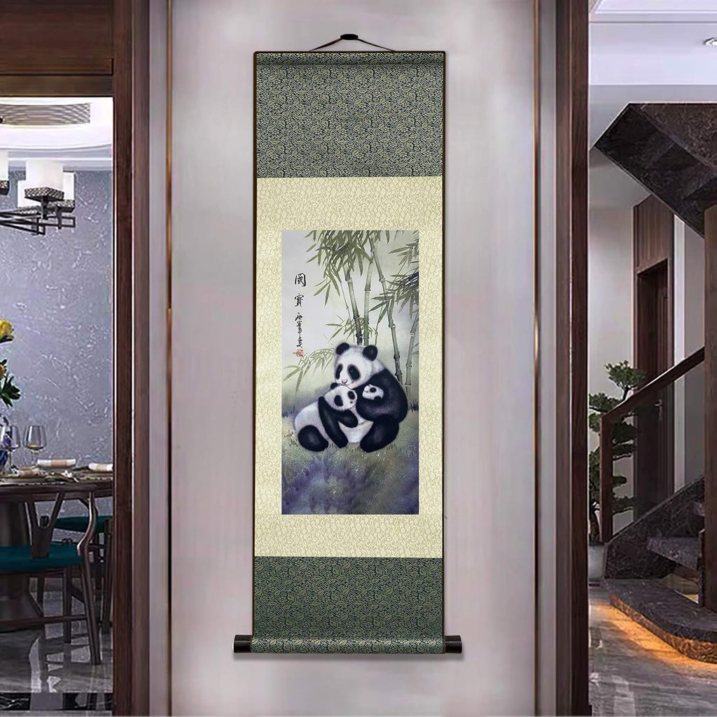 Asian Wall Decor Beautiful Silk Scroll Painting Chinese Panda National Treasure Oriental Decor Chinese Art Wall Scroll Wall Hanging Painting Scroll (36.2 X 12 In)