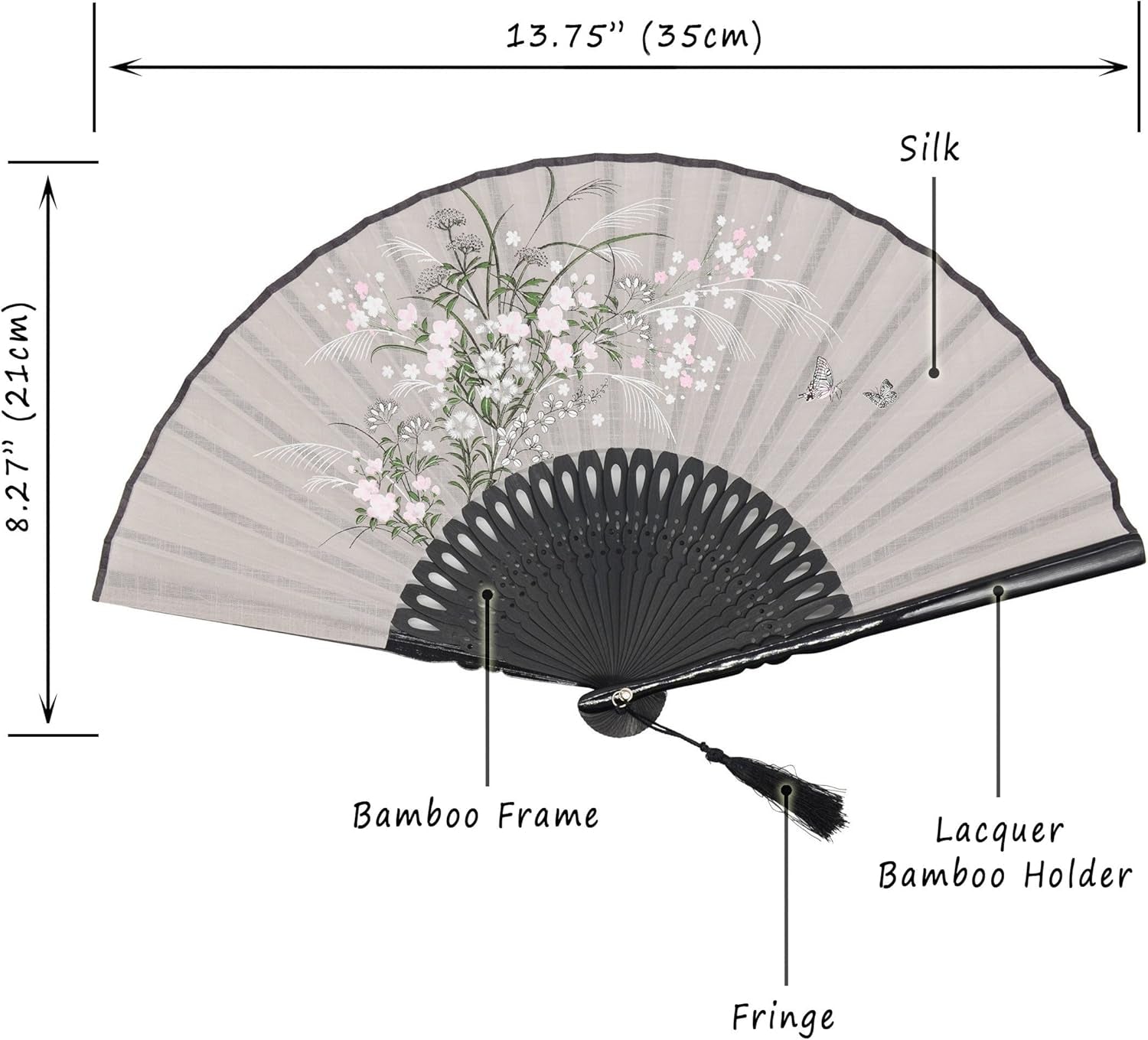 ® "Grassflowers 8.27"(21Cm) Hand Held Folding Fans - with a Fabric Sleeve for Protection for Gifts - Chinese/Japanese Vintage Retro Style (Gray)