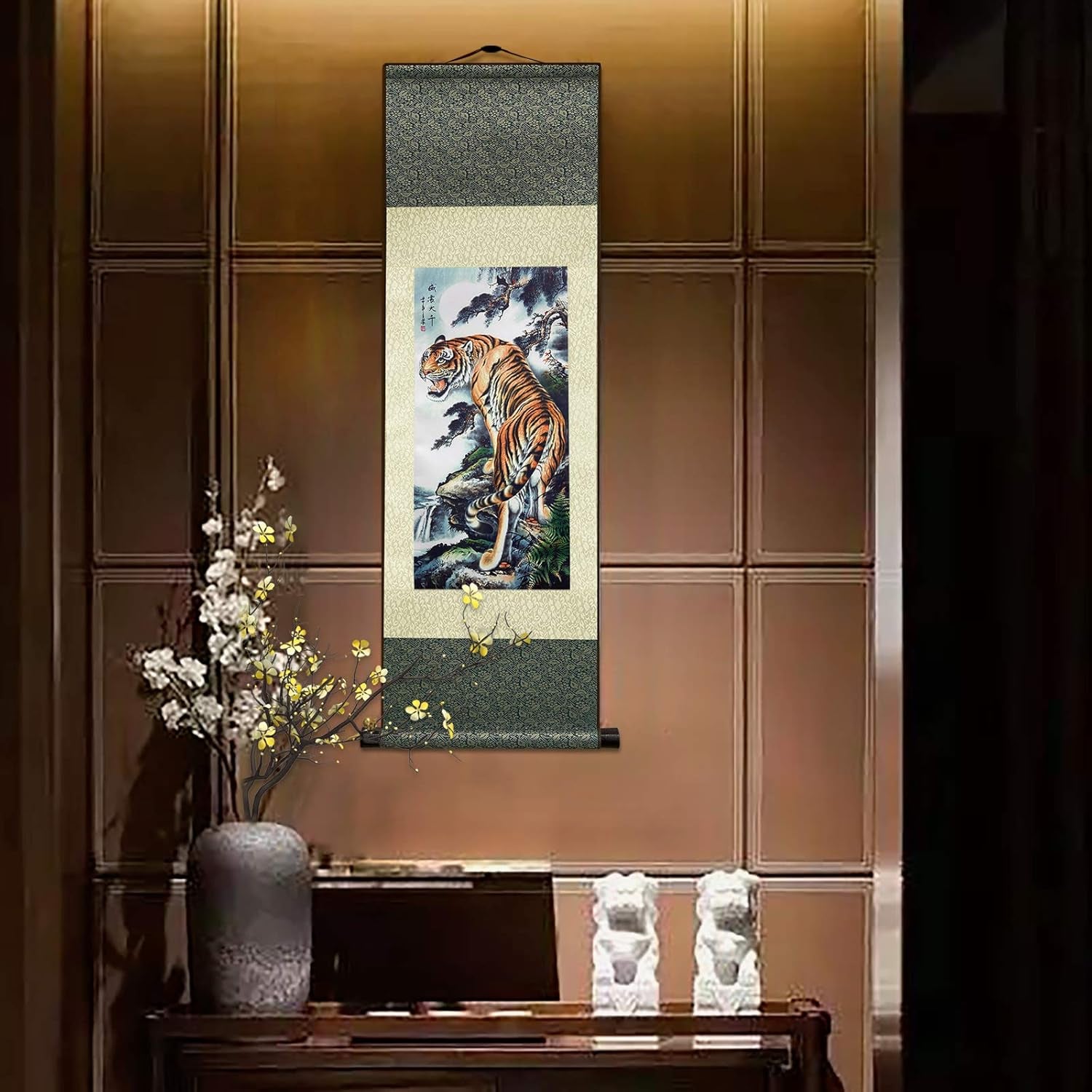 Asian Wall Decor Beautiful Silk Scroll Painting Deterrence Tiger Oriental Decor Chinese Art Wall Scroll Wall Hanging Painting Scroll (36.2 X 12 In)