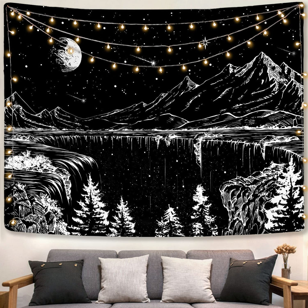 Black and White Tapestry Starry Night Mountain Tapestries for Bedroom Aesthetic Moon and Stars Tapastry'S Wall Hanging Dark Nature Forest Wall Tapestry for Living Room Dorm (48'' × 36'')
