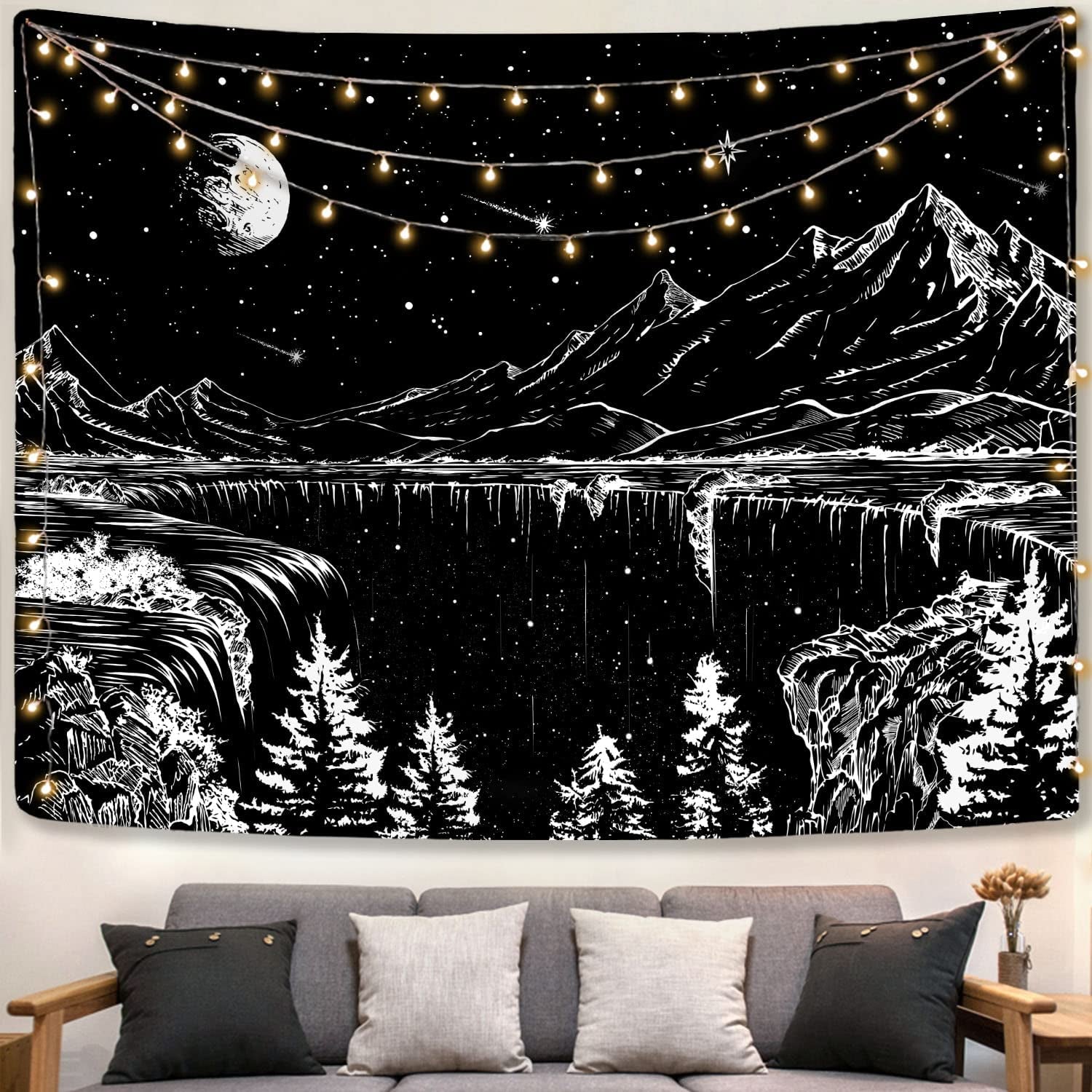 Black and White Tapestry Starry Night Mountain Tapestries for Bedroom Aesthetic Moon and Stars Tapastry'S Wall Hanging Dark Nature Forest Wall Tapestry for Living Room Dorm (48'' × 36'')