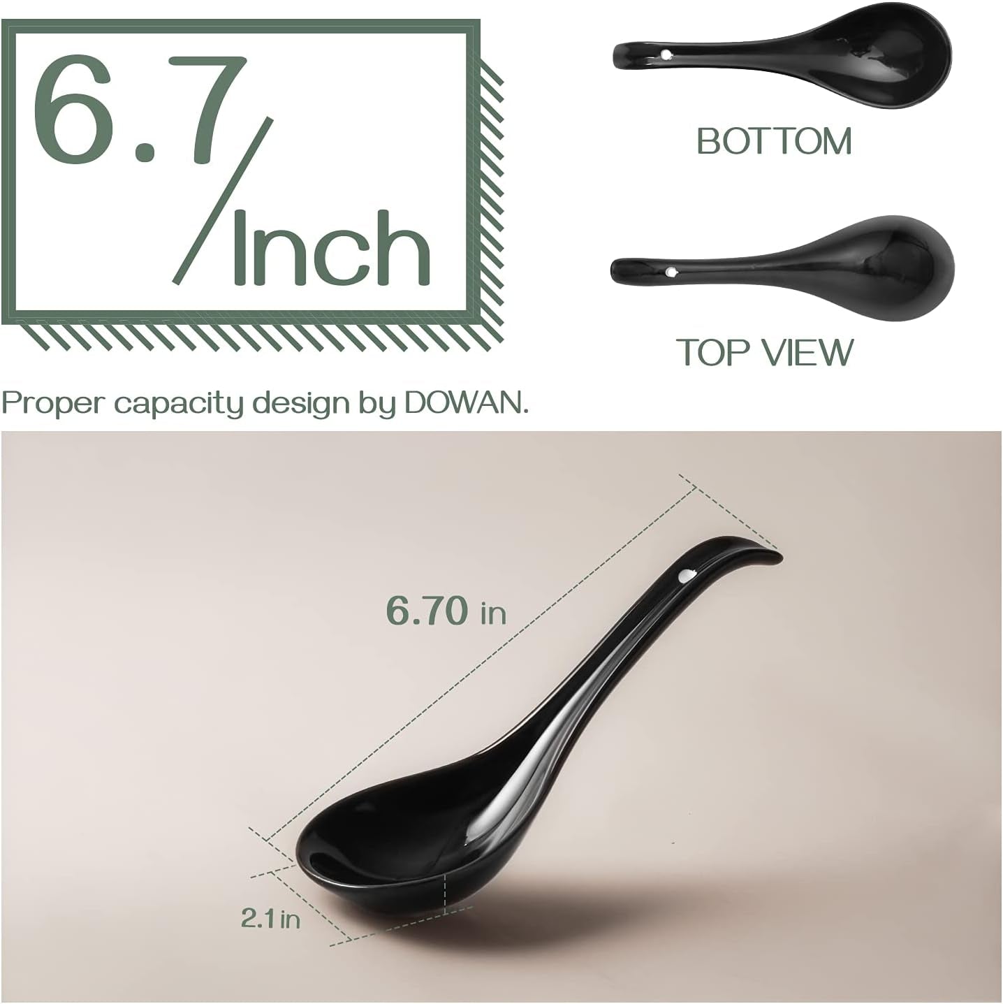 Soup Spoons, Ceramic Chinese, Asian Soup Spoons, White Japanese Spoon Large for Ramen Pho Wonton Dumpling Miso, Deep Oval Hook Design, Set of 6 (6, Black)