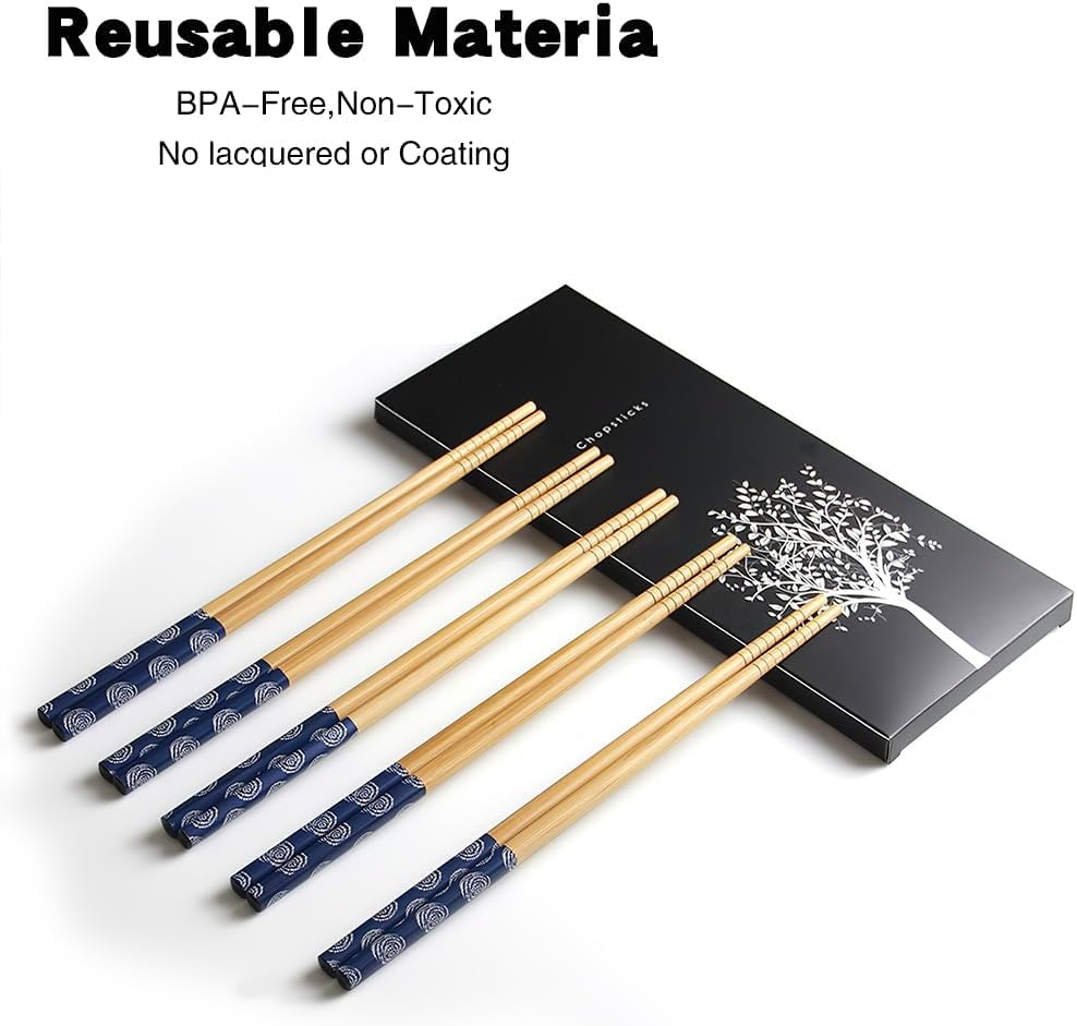 5-Pair Bamboo Chopsticks Reusable Classic Japanese Chop Sticks Gift Set, Dishwasher Safe, Hand-Carved 8.8 Inch/22.5Cm (Blue round Chopsticks with Box)