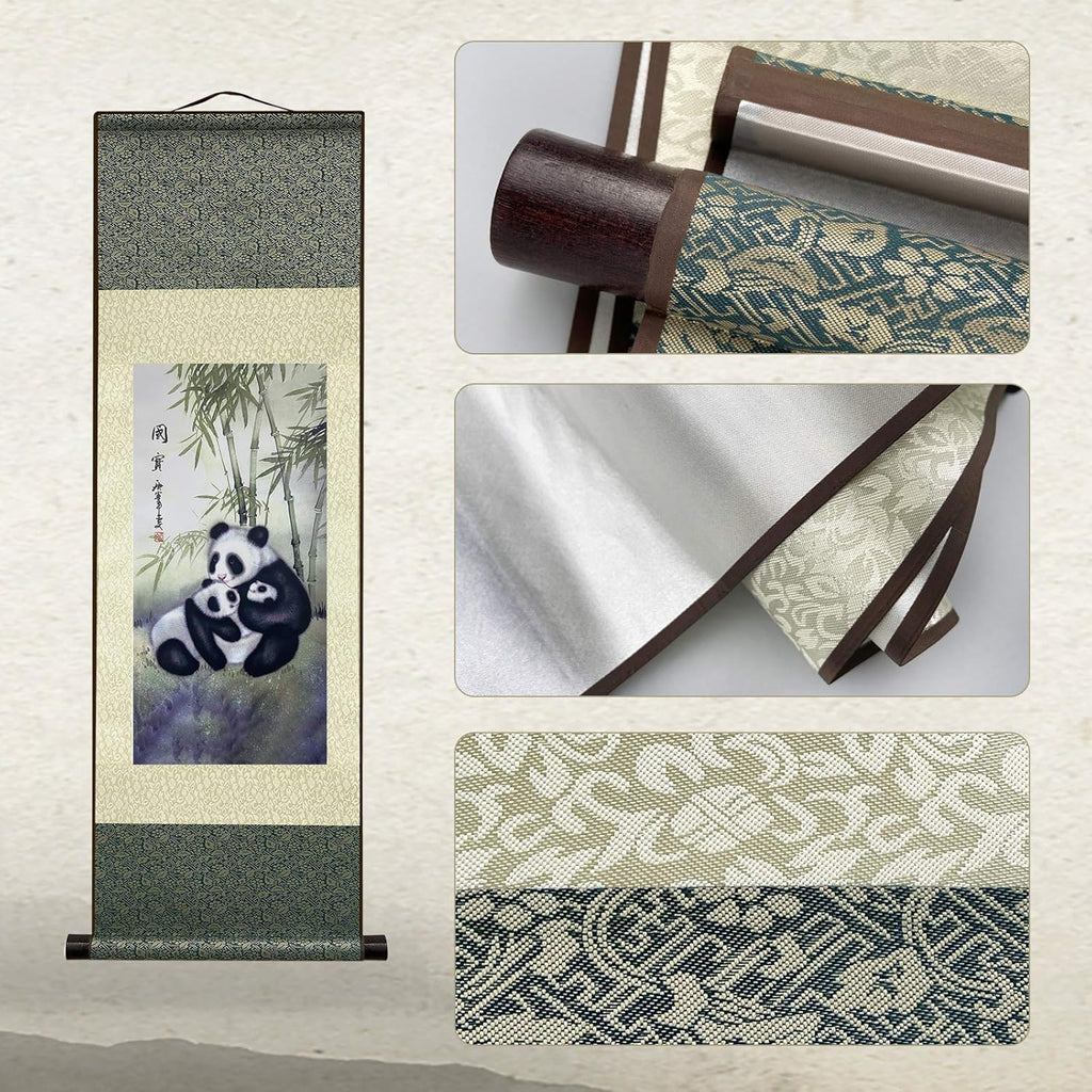 Asian Wall Decor Beautiful Silk Scroll Painting Chinese Panda National Treasure Oriental Decor Chinese Art Wall Scroll Wall Hanging Painting Scroll (36.2 X 12 In)