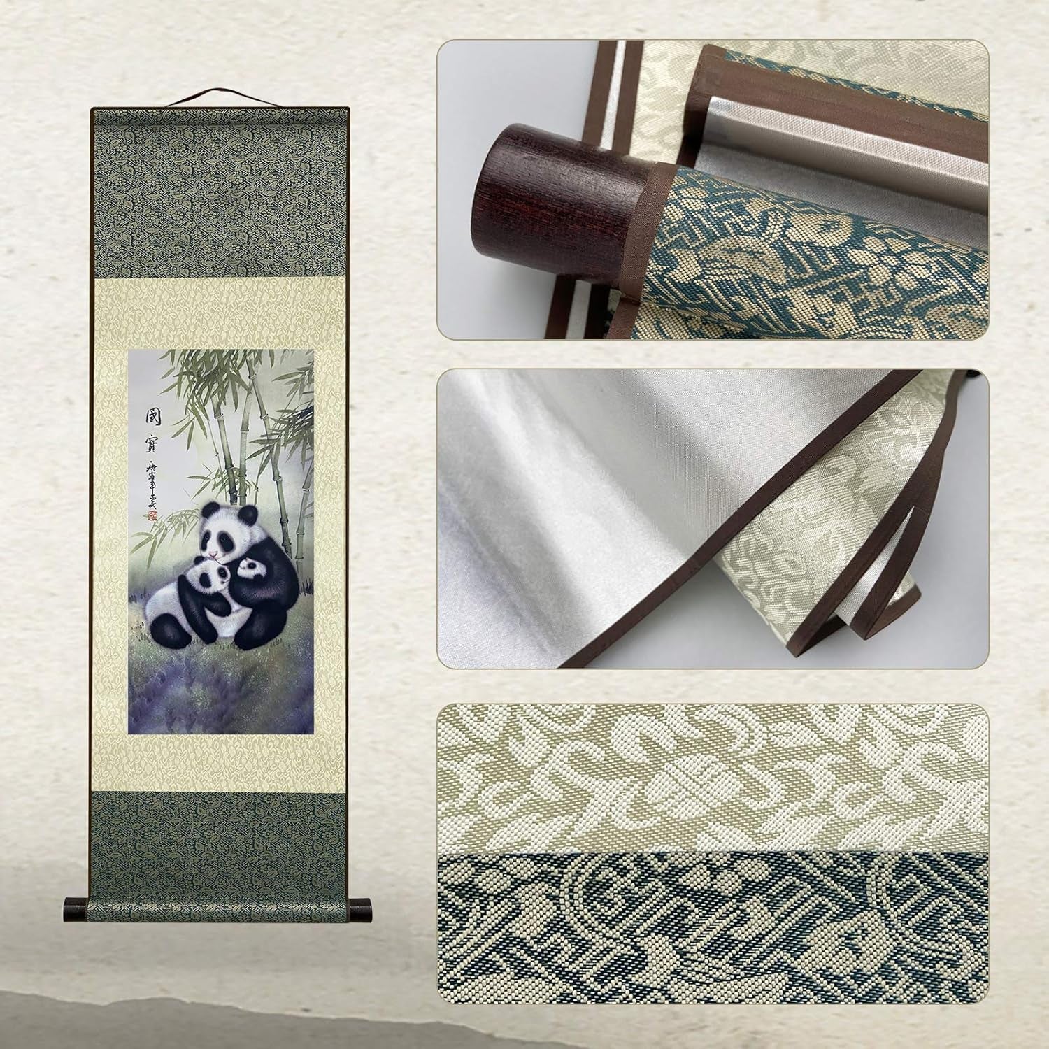 Asian Wall Decor Beautiful Silk Scroll Painting Chinese Panda National Treasure Oriental Decor Chinese Art Wall Scroll Wall Hanging Painting Scroll (36.2 X 12 In)