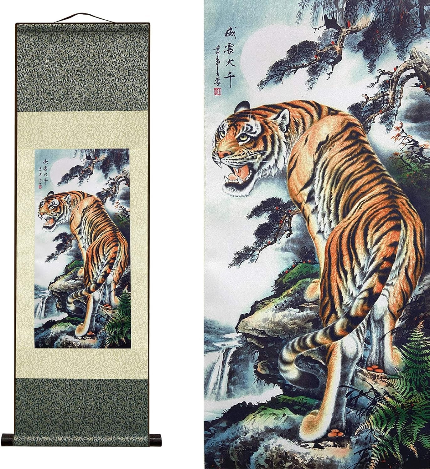 Asian Wall Decor Beautiful Silk Scroll Painting Deterrence Tiger Oriental Decor Chinese Art Wall Scroll Wall Hanging Painting Scroll (36.2 X 12 In)
