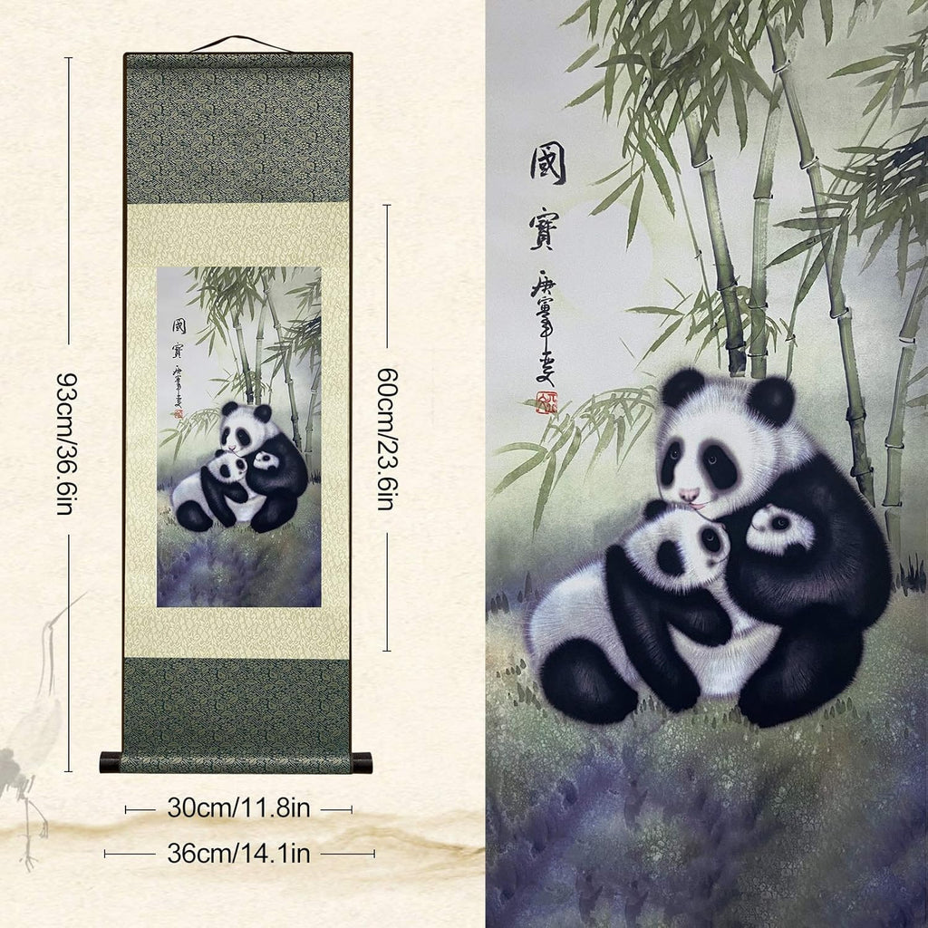 Asian Wall Decor Beautiful Silk Scroll Painting Chinese Panda National Treasure Oriental Decor Chinese Art Wall Scroll Wall Hanging Painting Scroll (36.2 X 12 In)