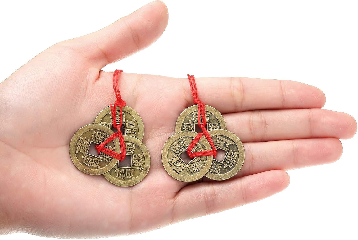 Chinese Fortune Coins Feng Shui I Ching Good Luck Coins Traditional Brass New Year Favor with Red String for Wealth and Success, 5 Styles (15 Pieces)
