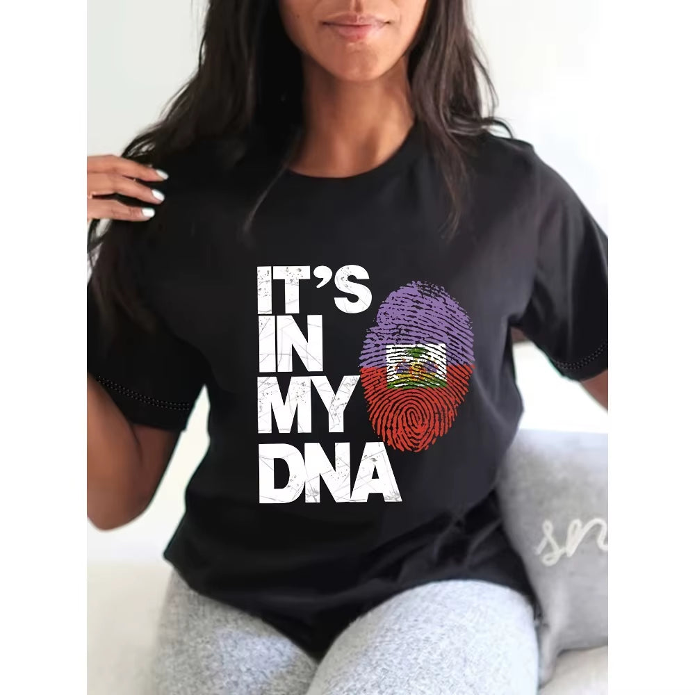 IT'S in MY DNA Print Haitian Flag Crew Neck T-Shirt, Casual Short Sleeve T-Shirt for Summer, Women'S Clothing